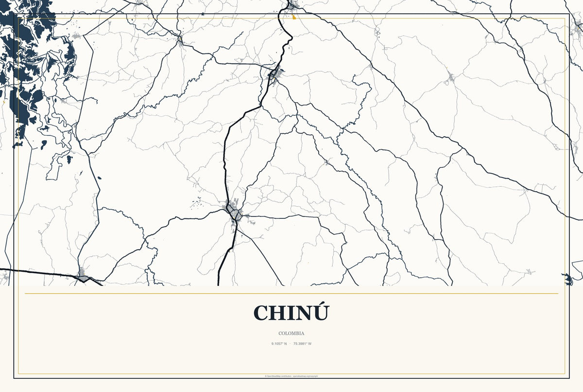 Chinú, Colombia City Map Aluminum Sign in Citrine Modern style