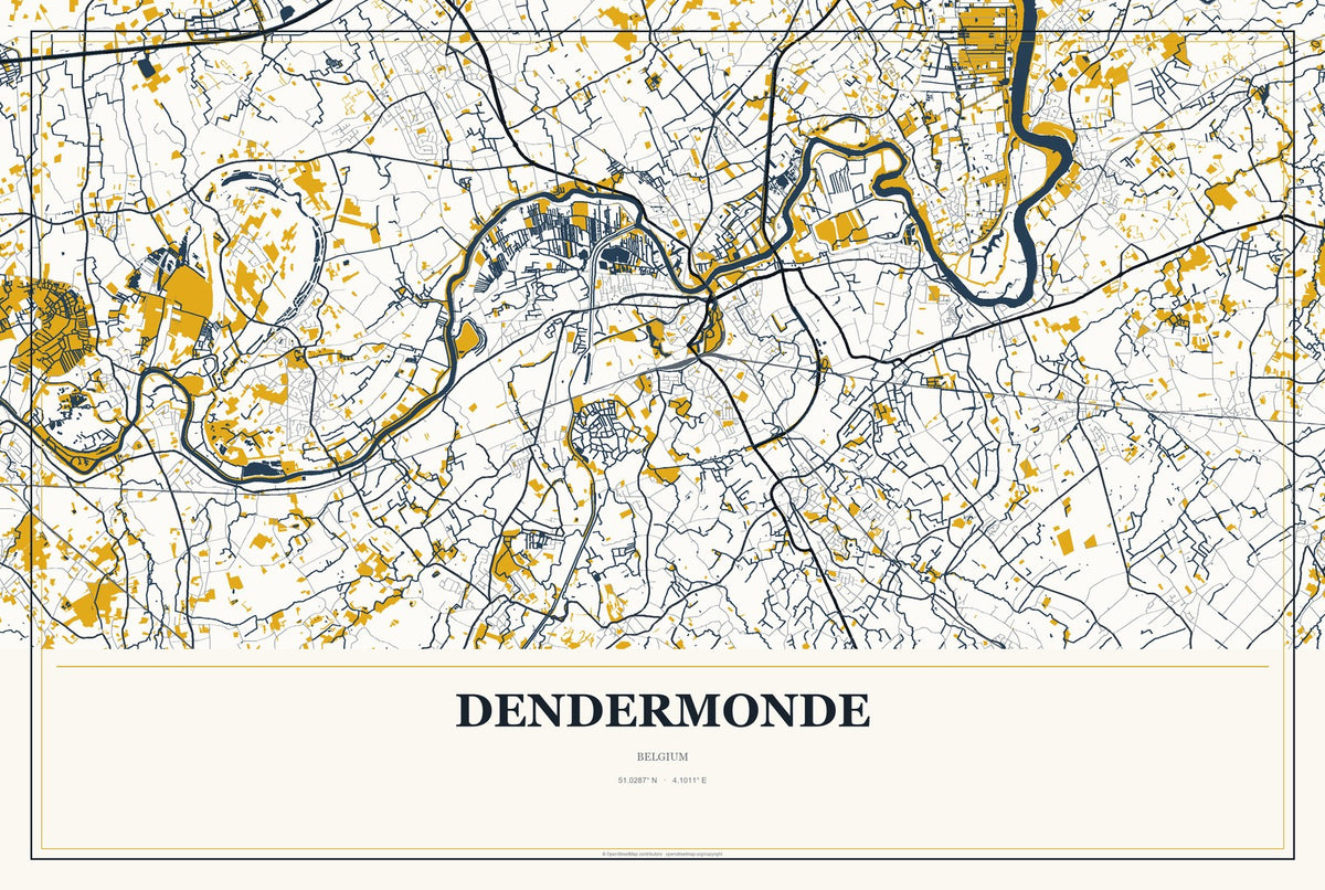 Dendermonde, Belgium City Map Aluminum Sign in Citrine Modern style