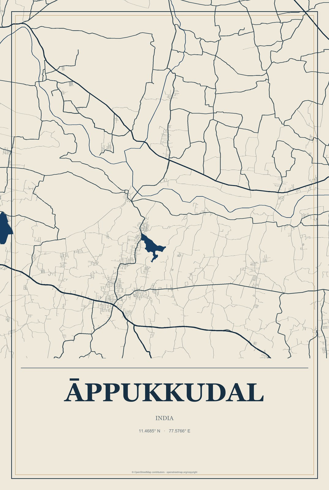Āppukkudal, India City Map Aluminum Sign in Coastal Cutout style