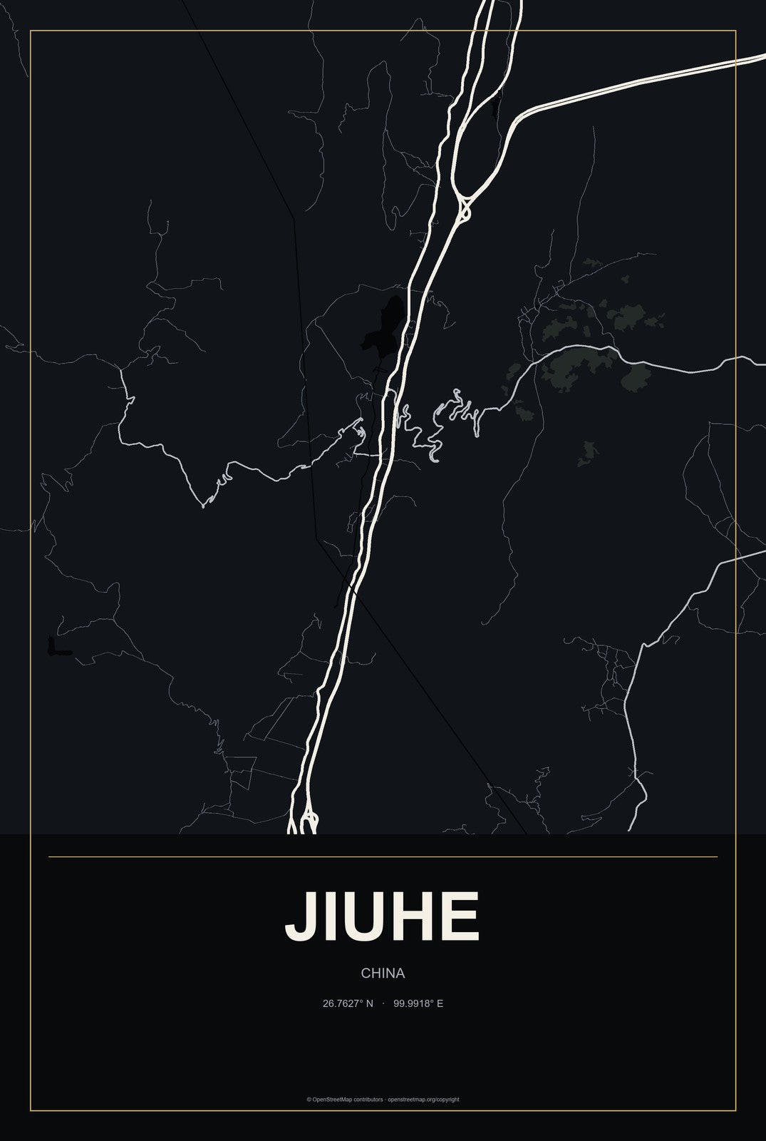 Jiuhe, China City Map Aluminum Sign in Metropolitan Noir style