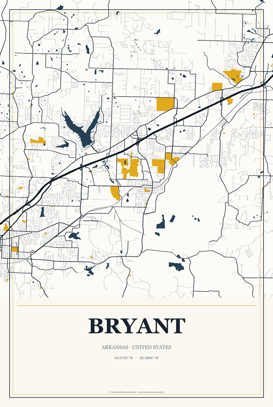 Bryant, Arkansas City Map Aluminum Sign in Citrine Modern style