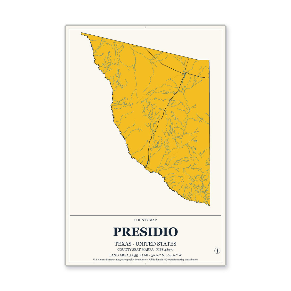 Presidio County, Texas Map Aluminum Sign in Citrine Modern style