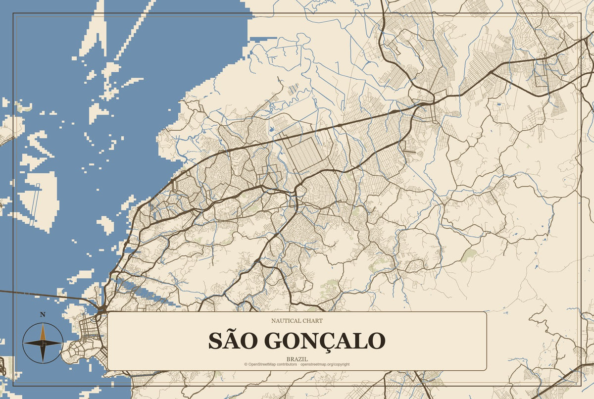 São Gonçalo, Brazil City Map Aluminum Sign in Heritage Nautical style