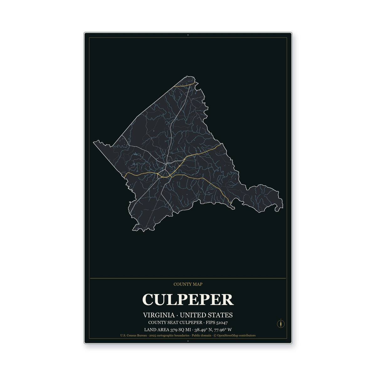 Culpeper County, Virginia Map Aluminum Sign in Metropolitan Noir style