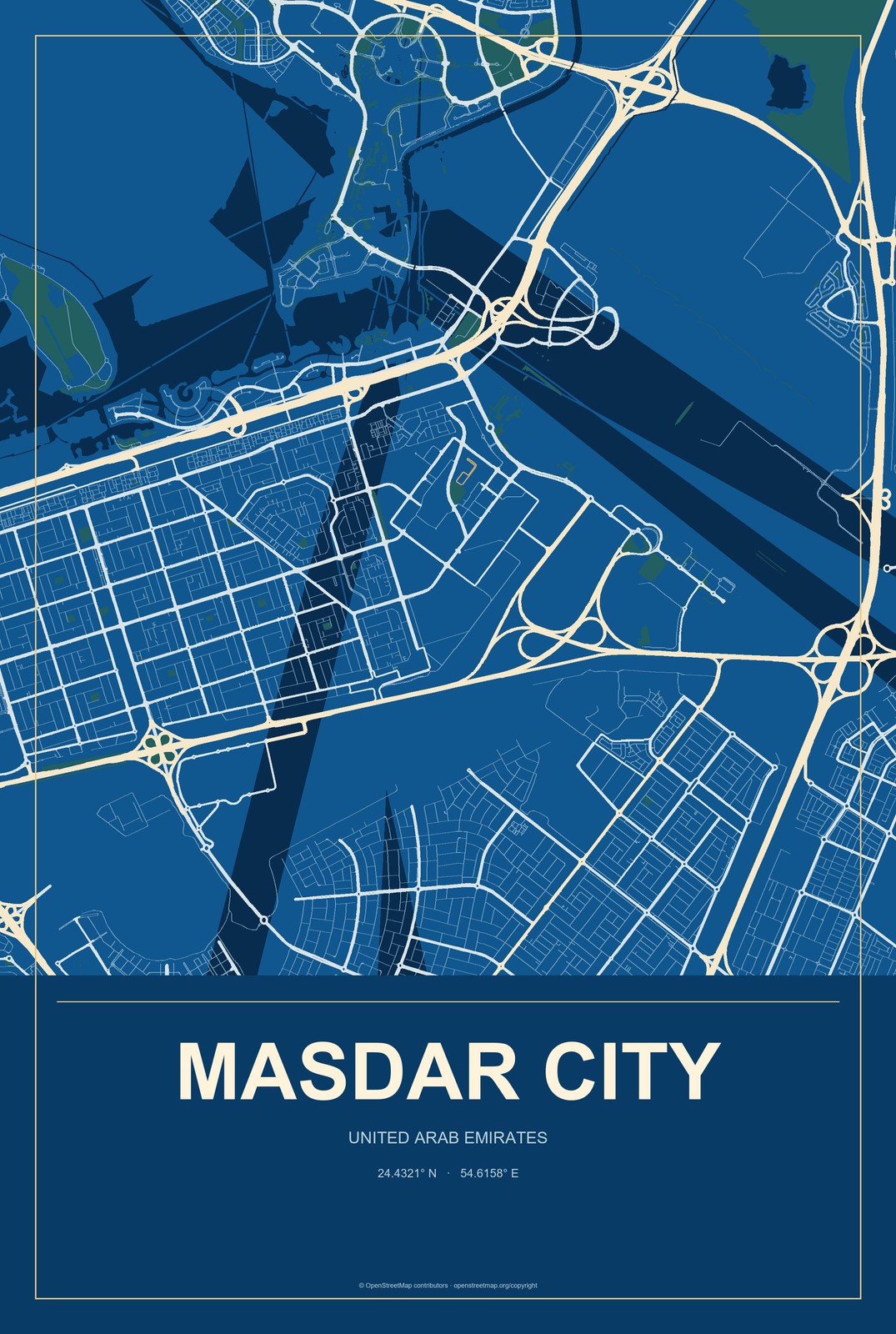 Masdar City, United Arab Emirates City Map Aluminum Sign in Harbor Cobalt style