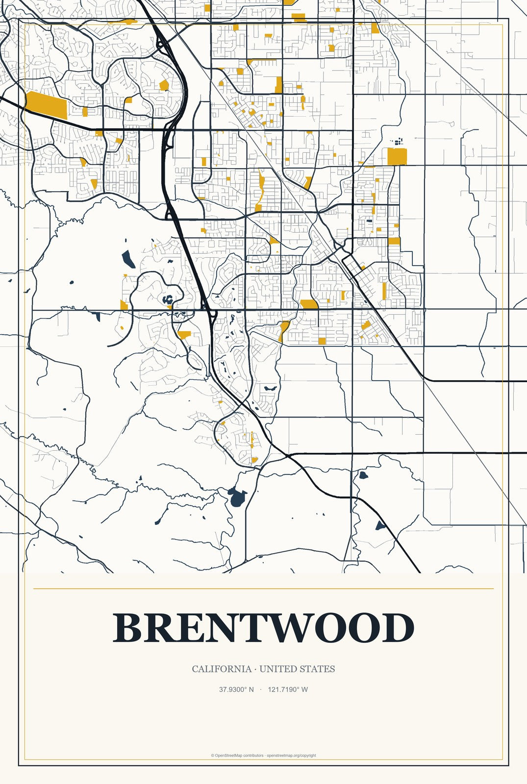 Brentwood, California City Map Aluminum Sign in Citrine Modern style