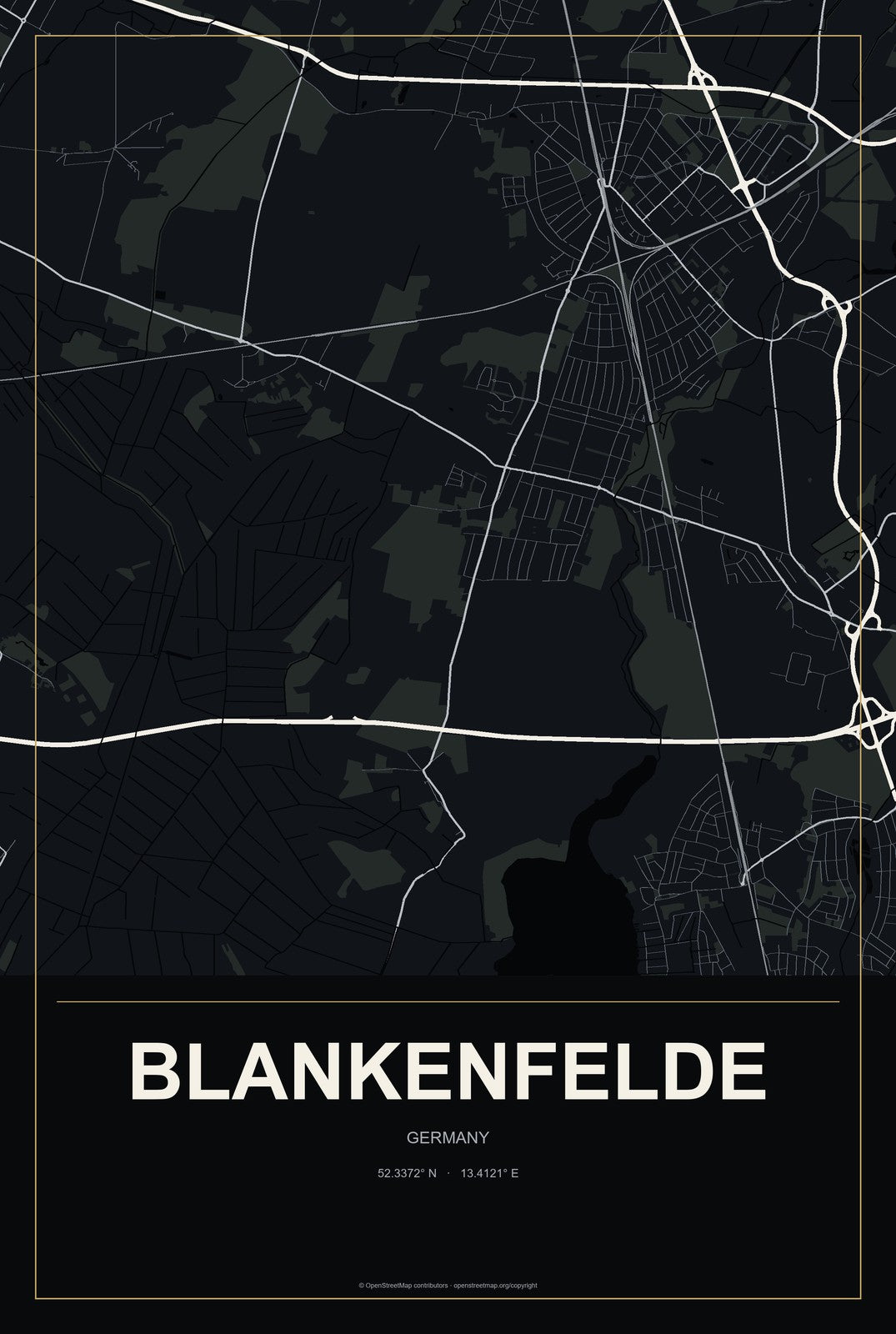 Blankenfelde, Germany City Map Aluminum Sign in Metropolitan Noir style