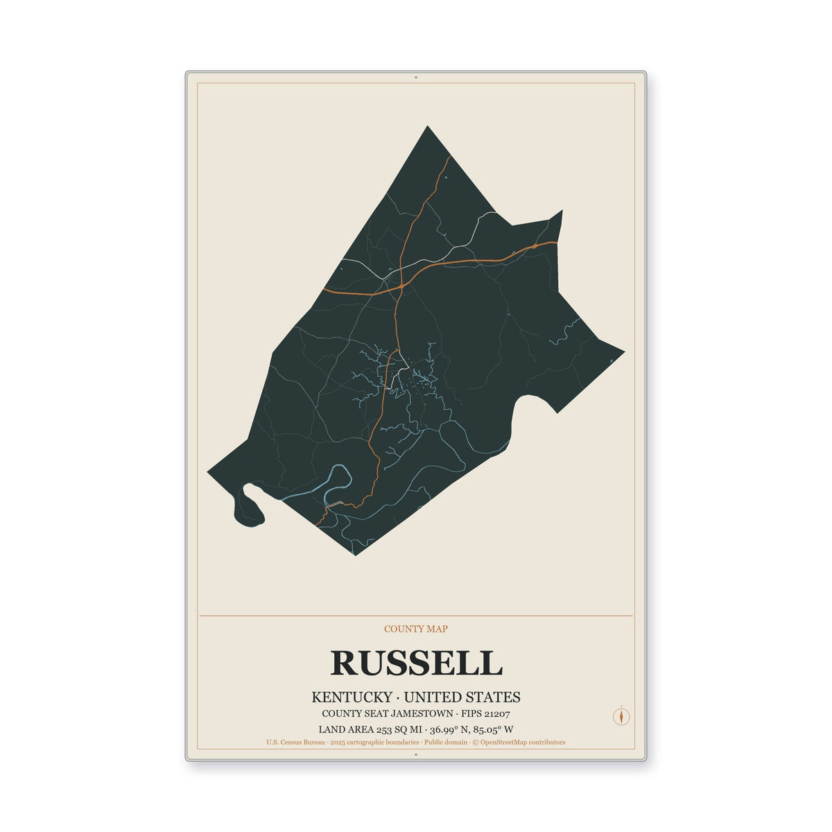 Russell County, Kentucky Map Aluminum Sign in Headline Atlas style