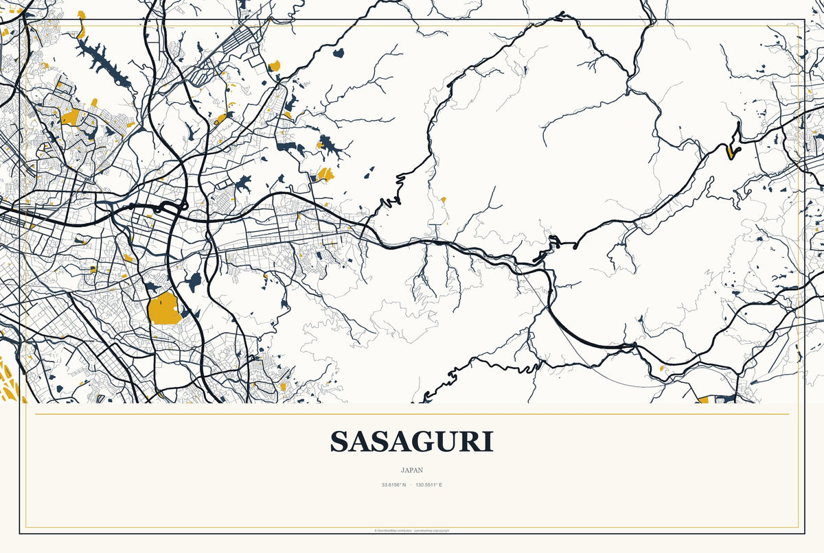 Sasaguri, Japan City Map Aluminum Sign in Citrine Modern style