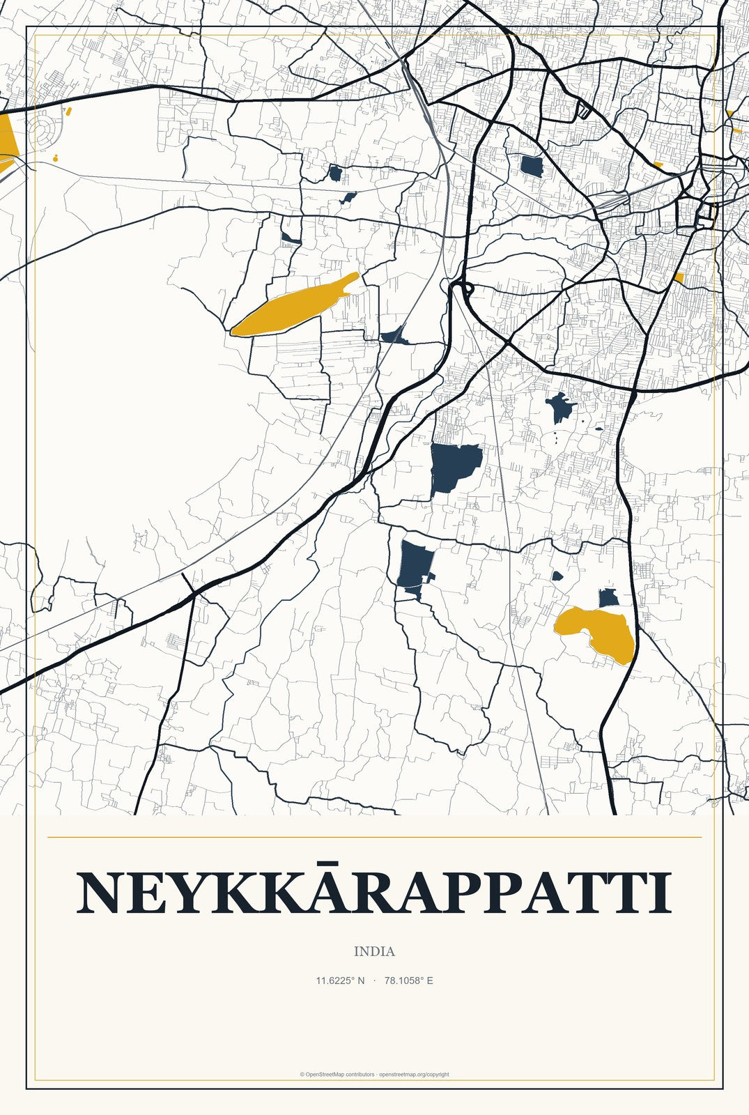 Neykkārappatti, India City Map Aluminum Sign in Citrine Modern style