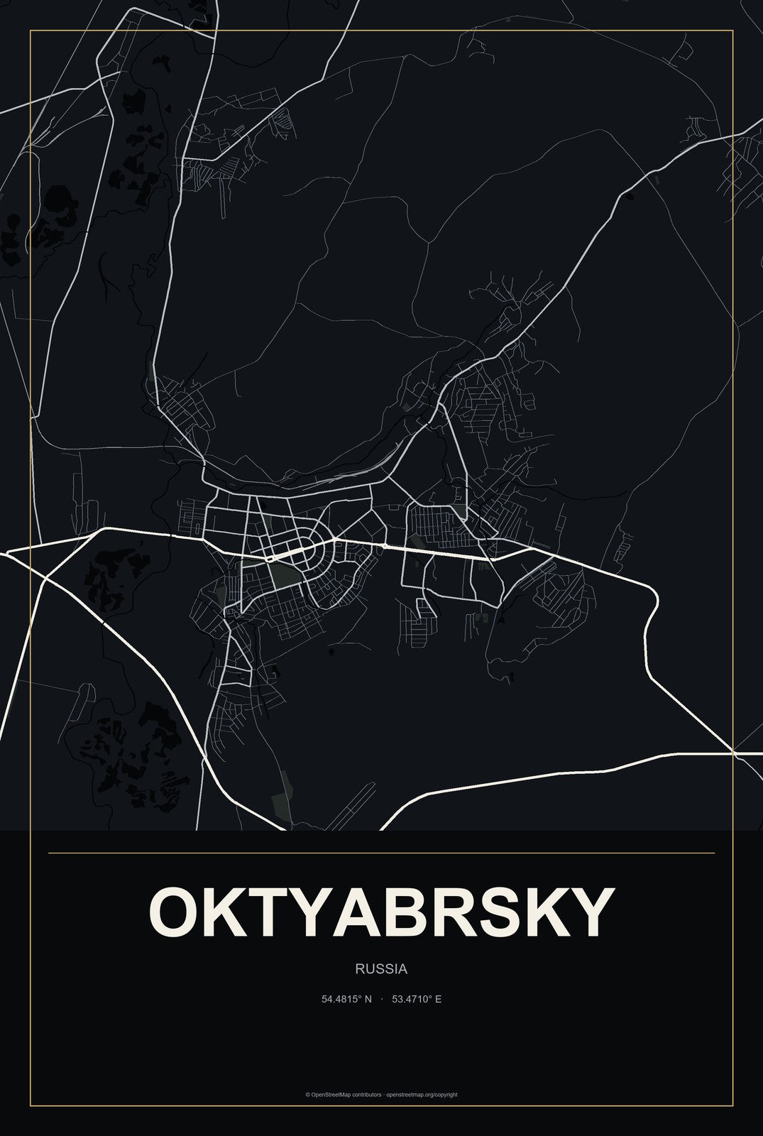 Oktyabrsky, Russia City Map Aluminum Sign in Metropolitan Noir style