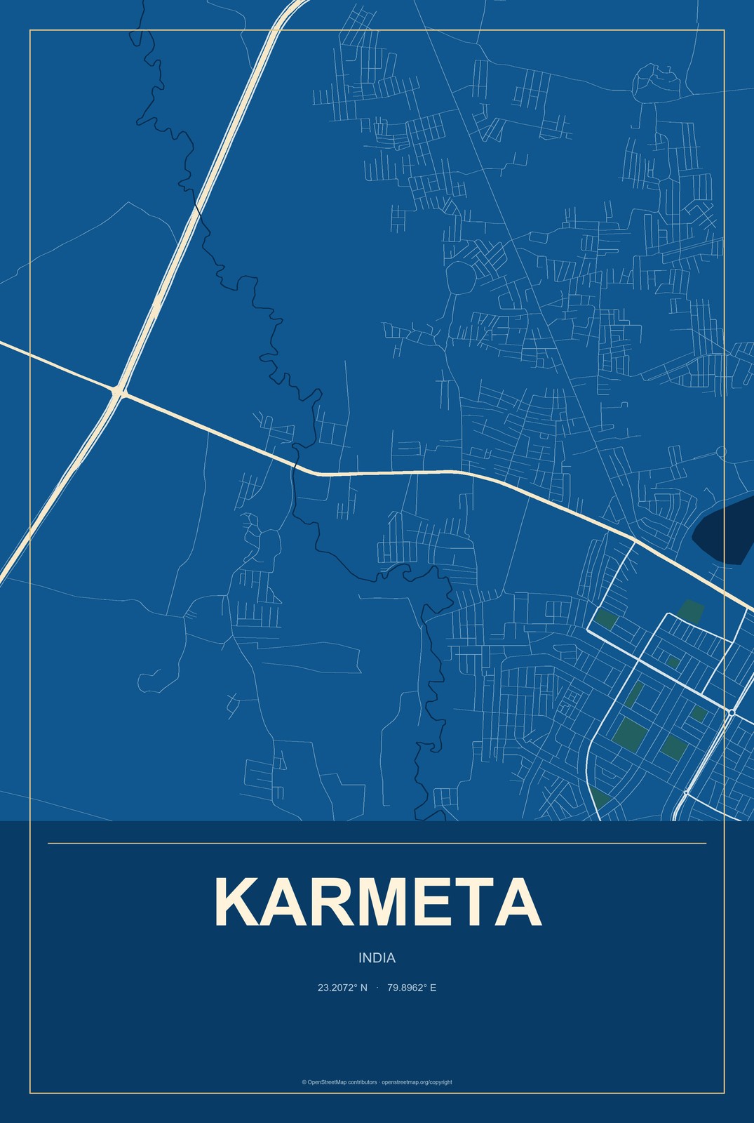Karmeta, India City Map Aluminum Sign in Harbor Cobalt style