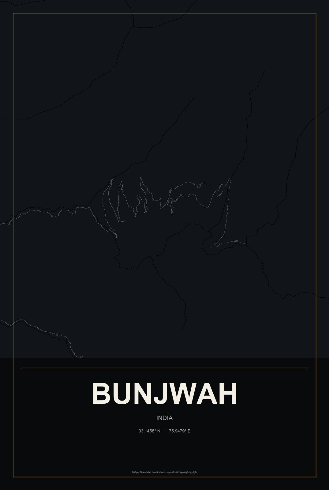 Bunjwah, India City Map Aluminum Sign in Metropolitan Noir style