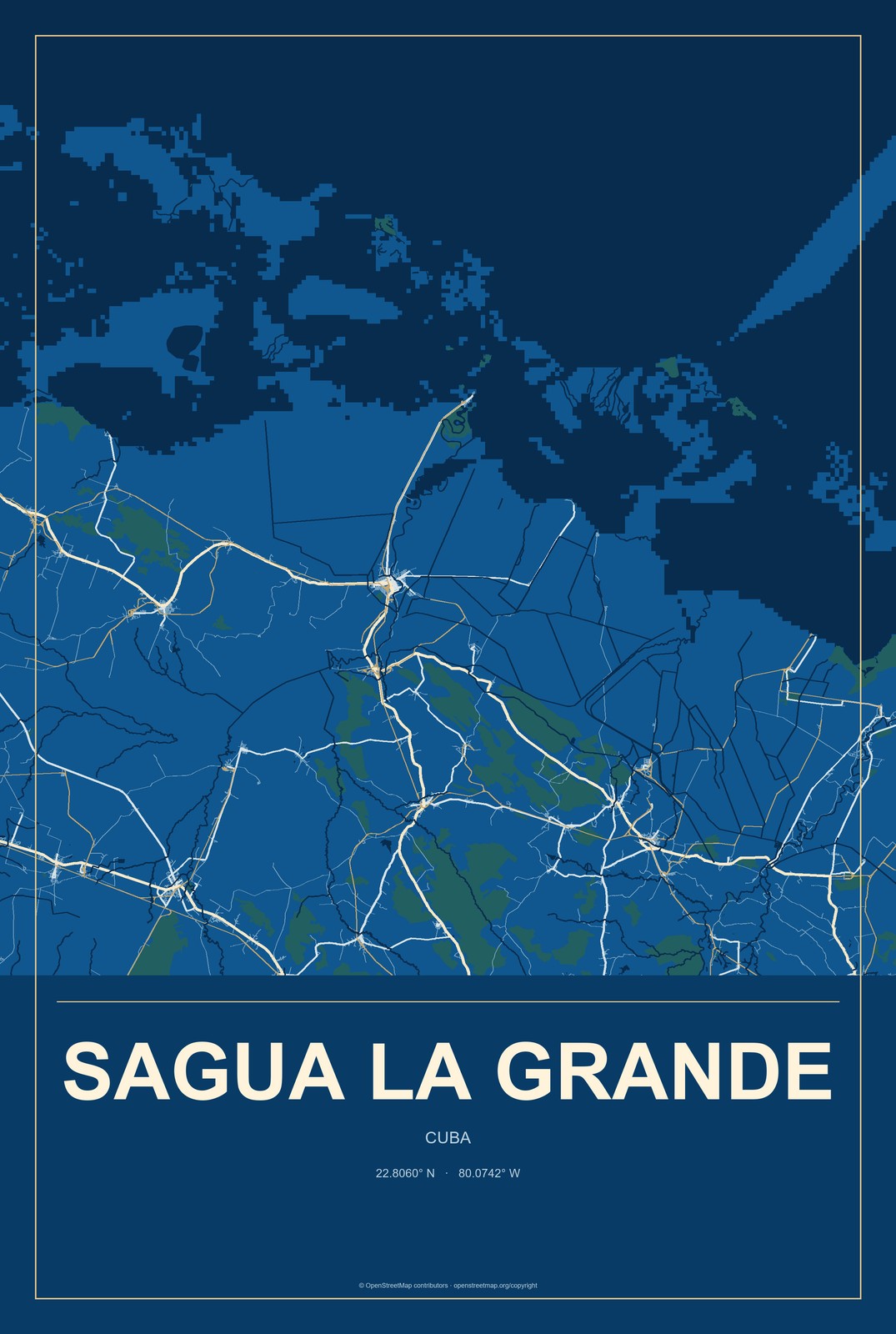 Sagua la Grande, Cuba City Map Aluminum Sign in Harbor Cobalt style