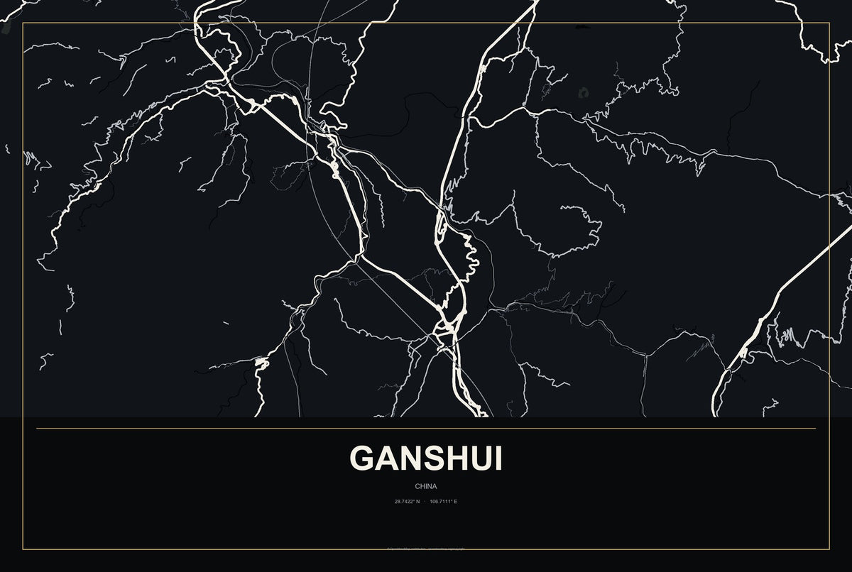 Ganshui, China City Map Aluminum Sign in Metropolitan Noir style