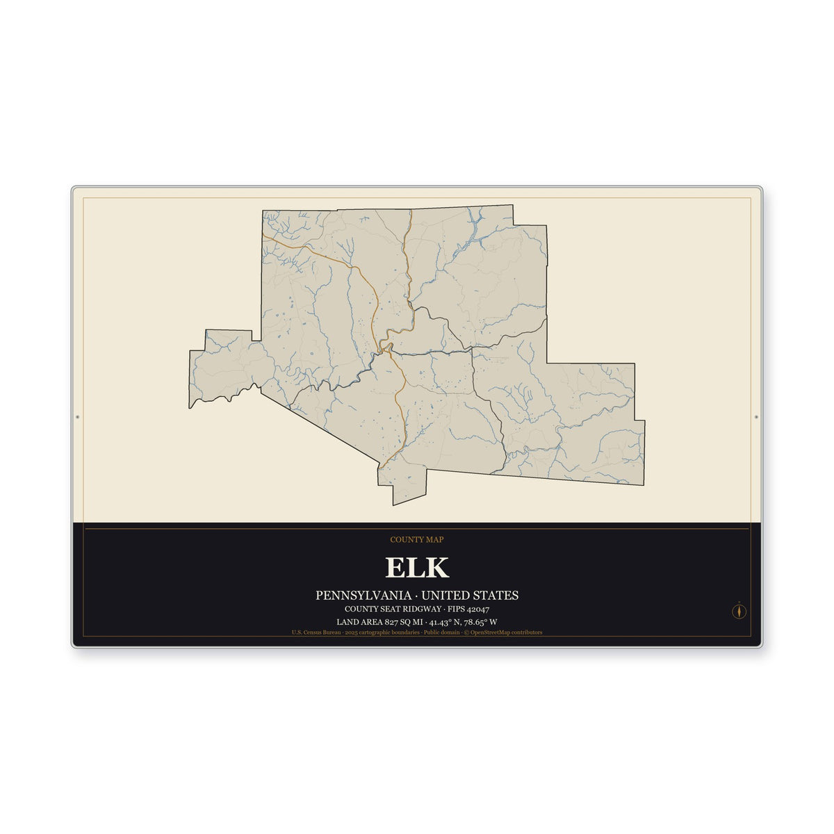 Elk County, Pennsylvania Map Aluminum Sign in Museum Plaque style