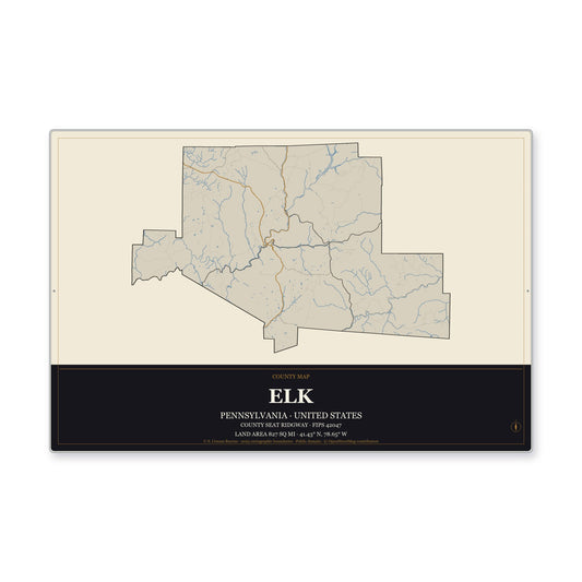 Elk County, Pennsylvania Map Aluminum Sign in Museum Plaque style