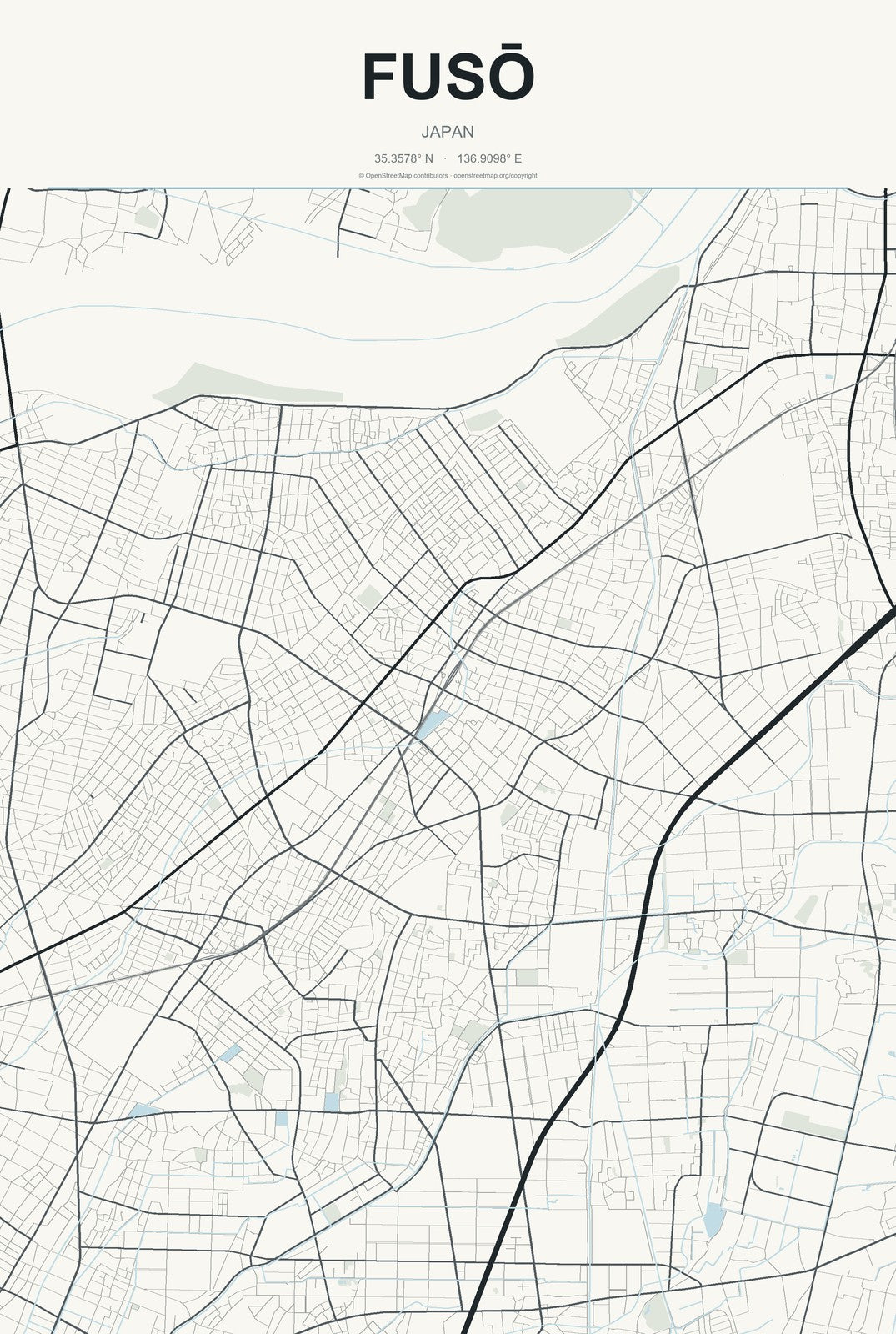 Fusō, Japan City Map Aluminum Sign in Headline Atlas style