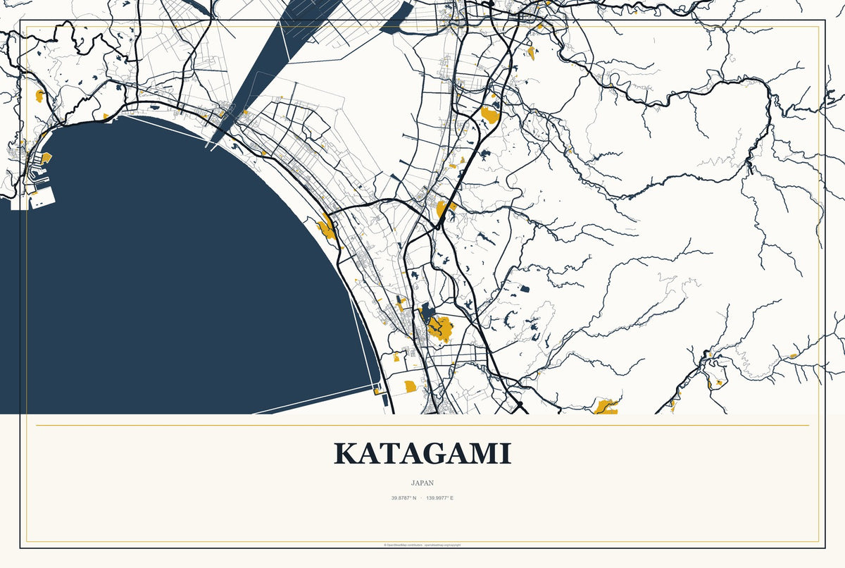 Katagami, Japan City Map Aluminum Sign in Citrine Modern style