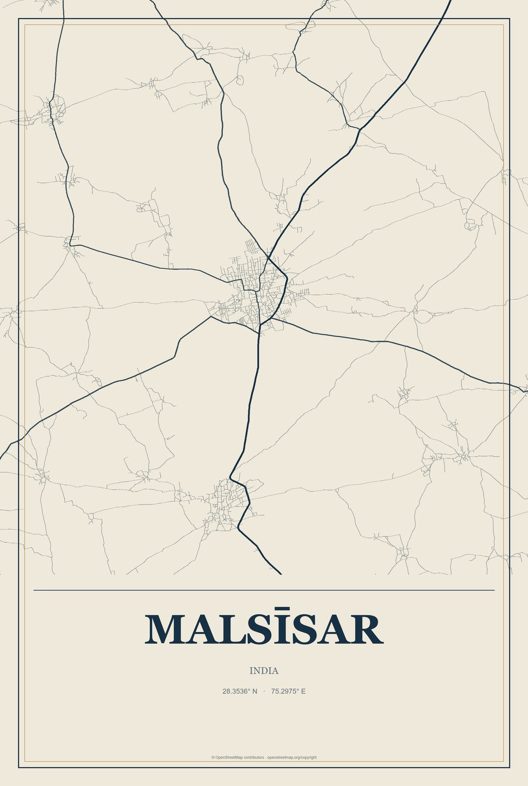 Malsīsar, India City Map Aluminum Sign in Coastal Cutout style