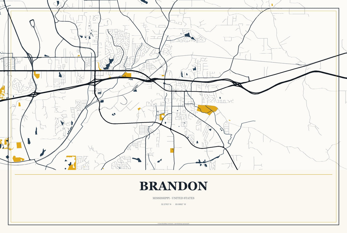 Brandon, Mississippi City Map Aluminum Sign in Citrine Modern style