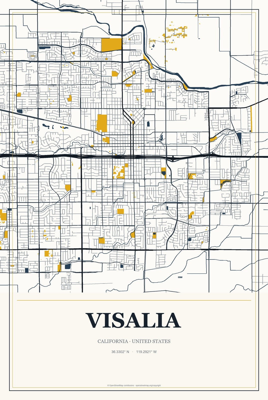 Visalia, California City Map Aluminum Sign in Citrine Modern style