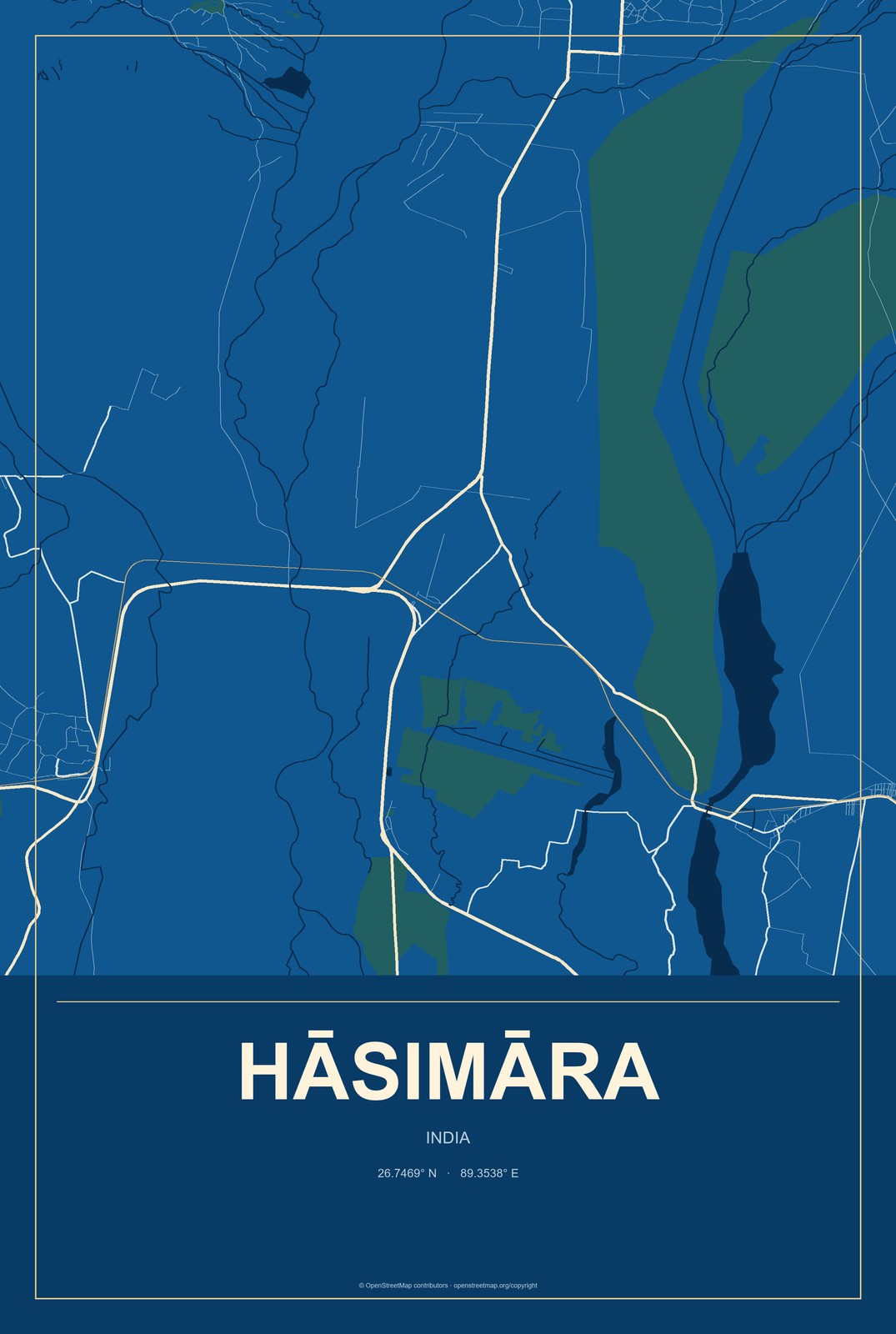 Hāsimāra, India City Map Aluminum Sign in Harbor Cobalt style