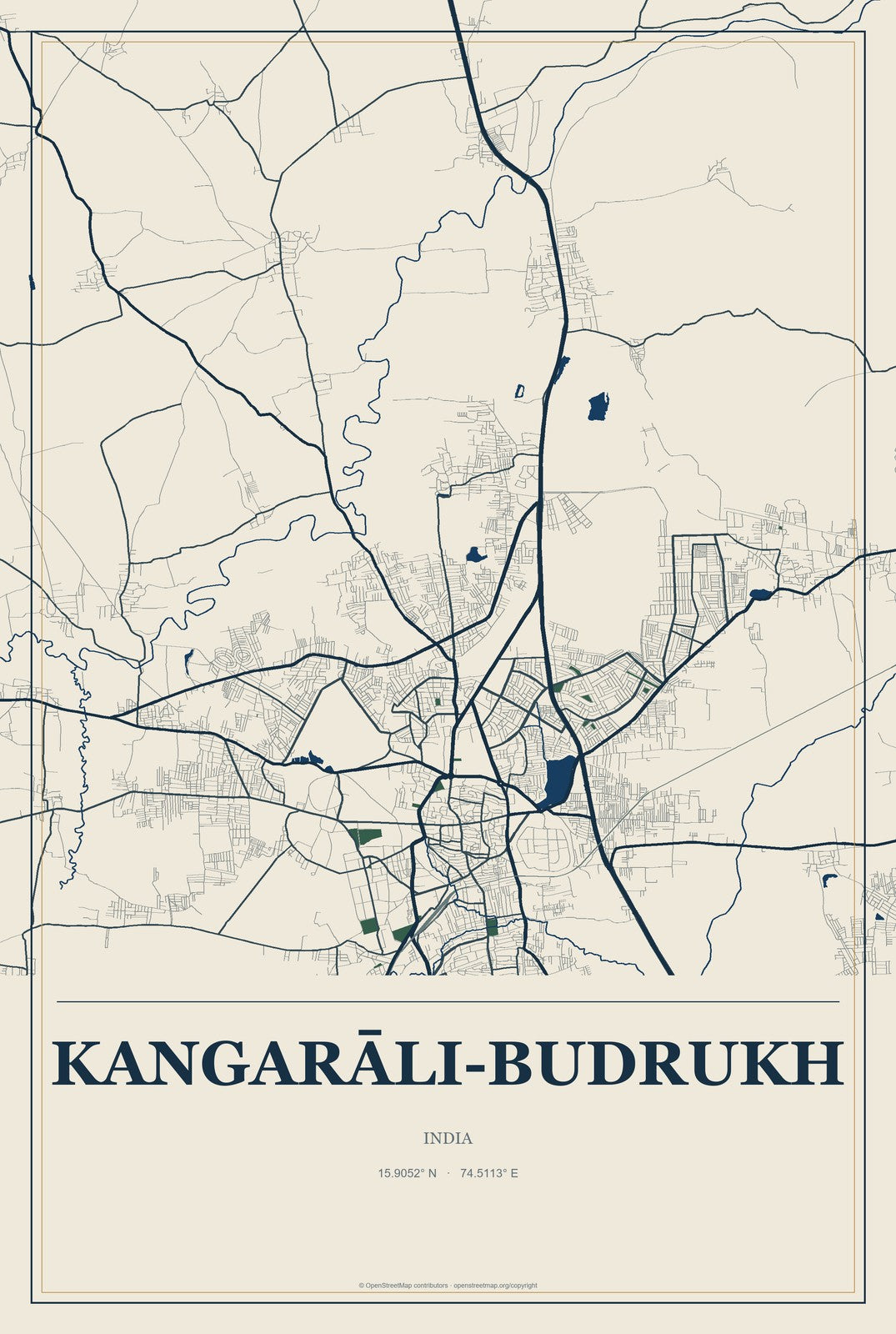 Kangarāli-budrukh, India City Map Aluminum Sign in Coastal Cutout style