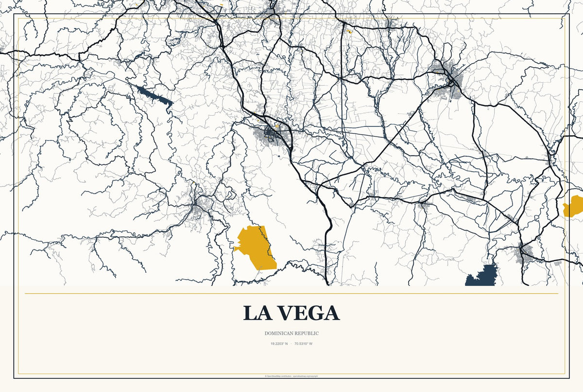 La Vega, Dominican Republic City Map Aluminum Sign in Citrine Modern style