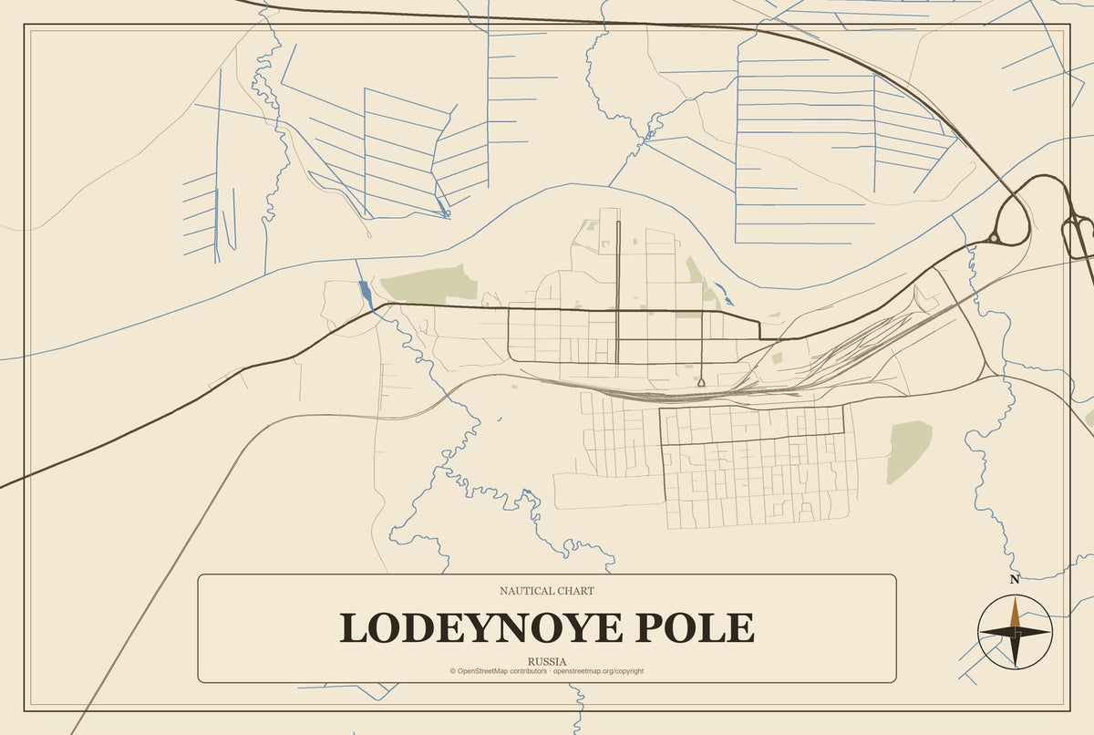 Lodeynoye Pole, Russia City Map Aluminum Sign in Heritage Nautical style