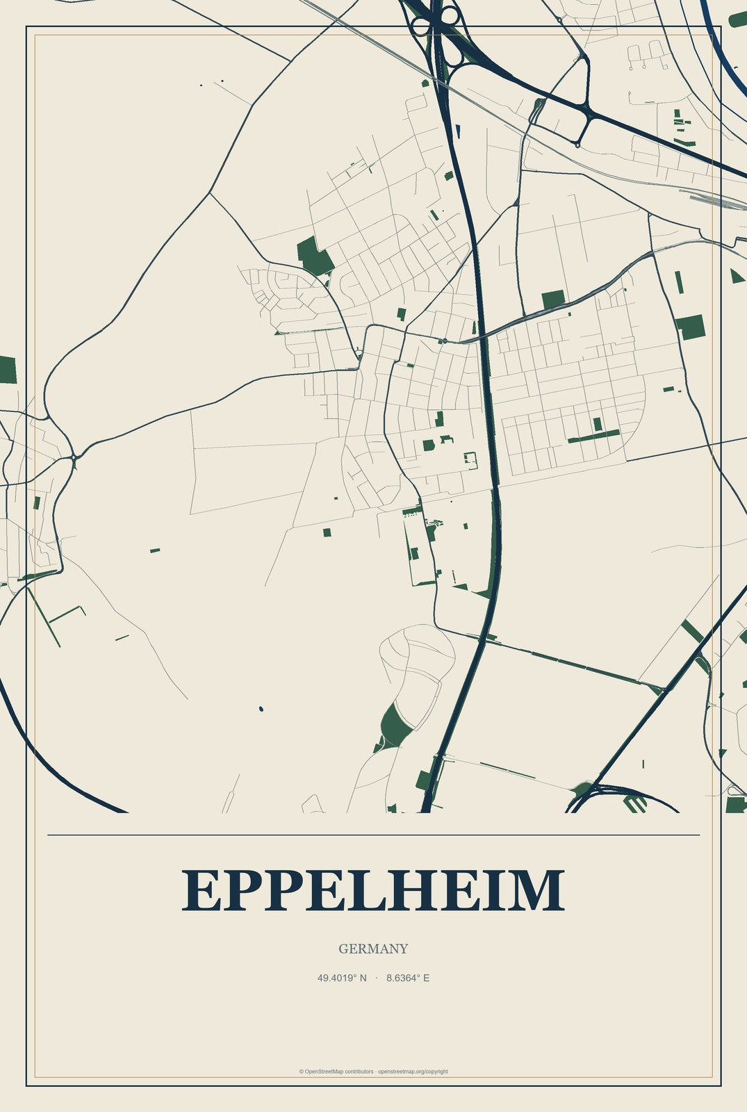 Eppelheim, Germany City Map Aluminum Sign in Coastal Cutout style