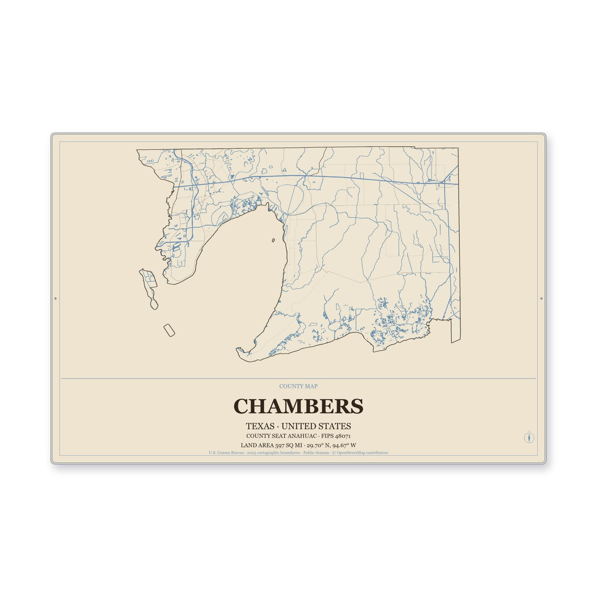Chambers County, Texas Map Aluminum Sign in Heritage Nautical style