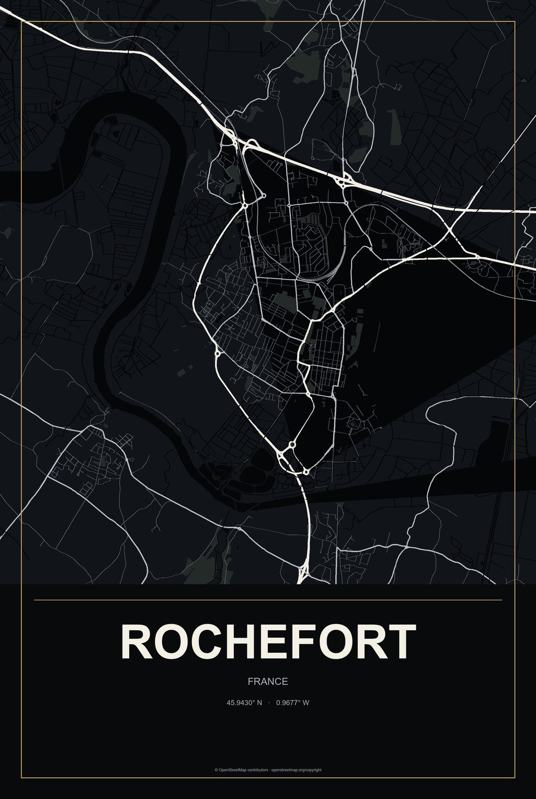 Rochefort, France City Map Aluminum Sign in Metropolitan Noir style