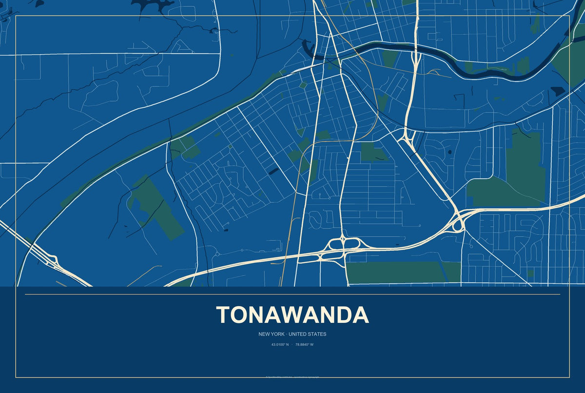 Tonawanda, New York City Map Aluminum Sign in Harbor Cobalt style