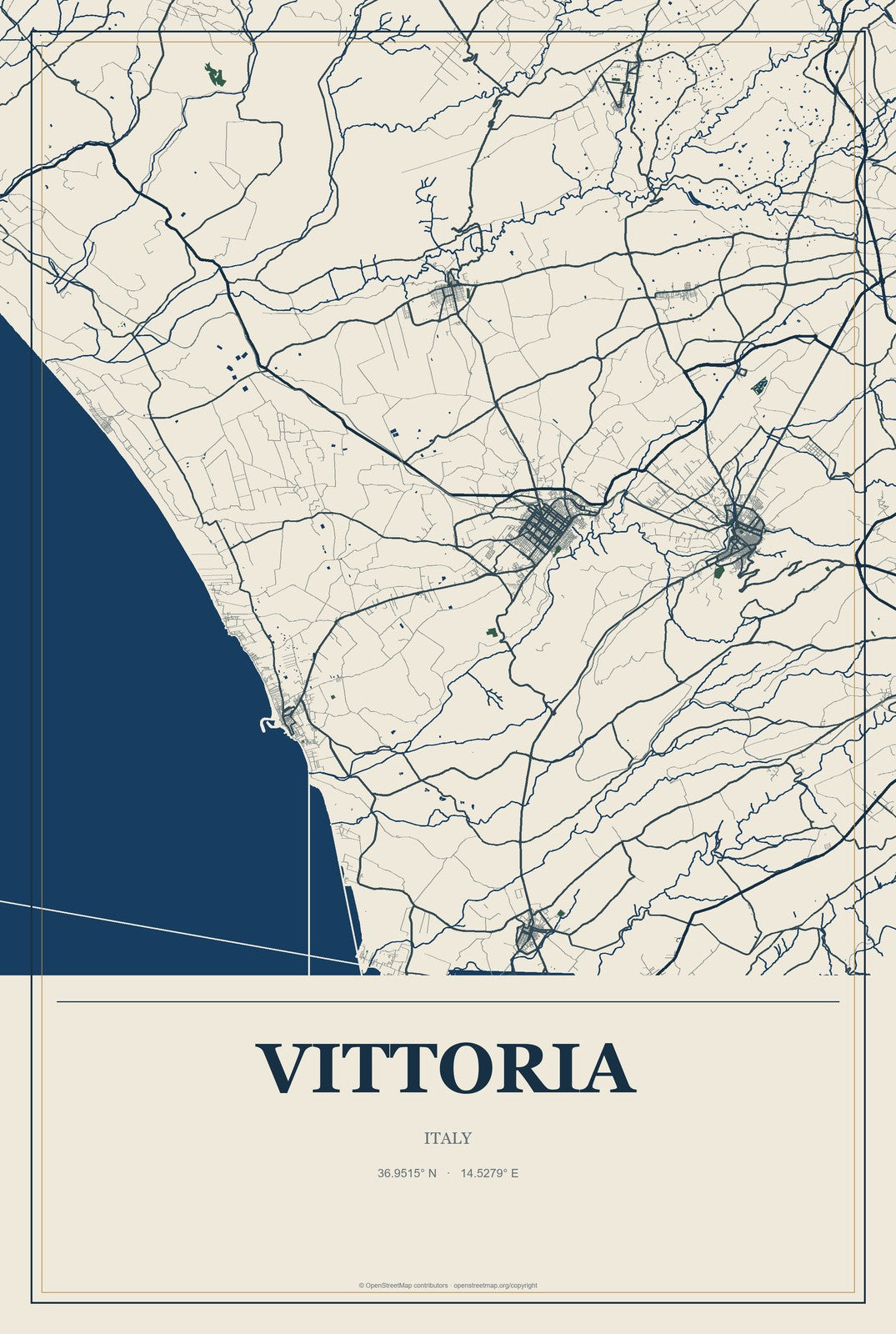 Vittoria, Italy City Map Aluminum Sign in Coastal Cutout style