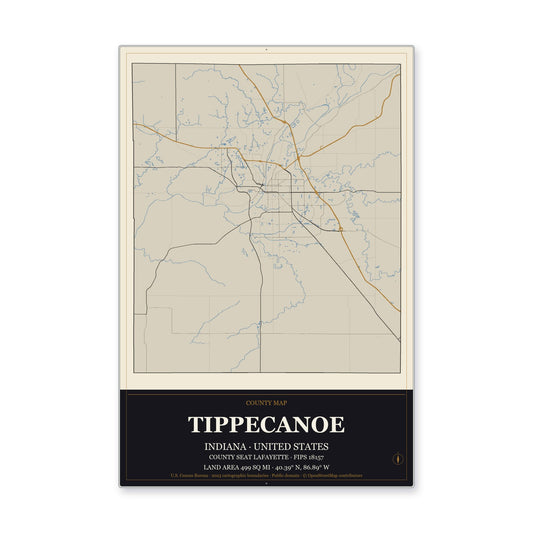 Tippecanoe County, Indiana Map Aluminum Sign in Museum Plaque style