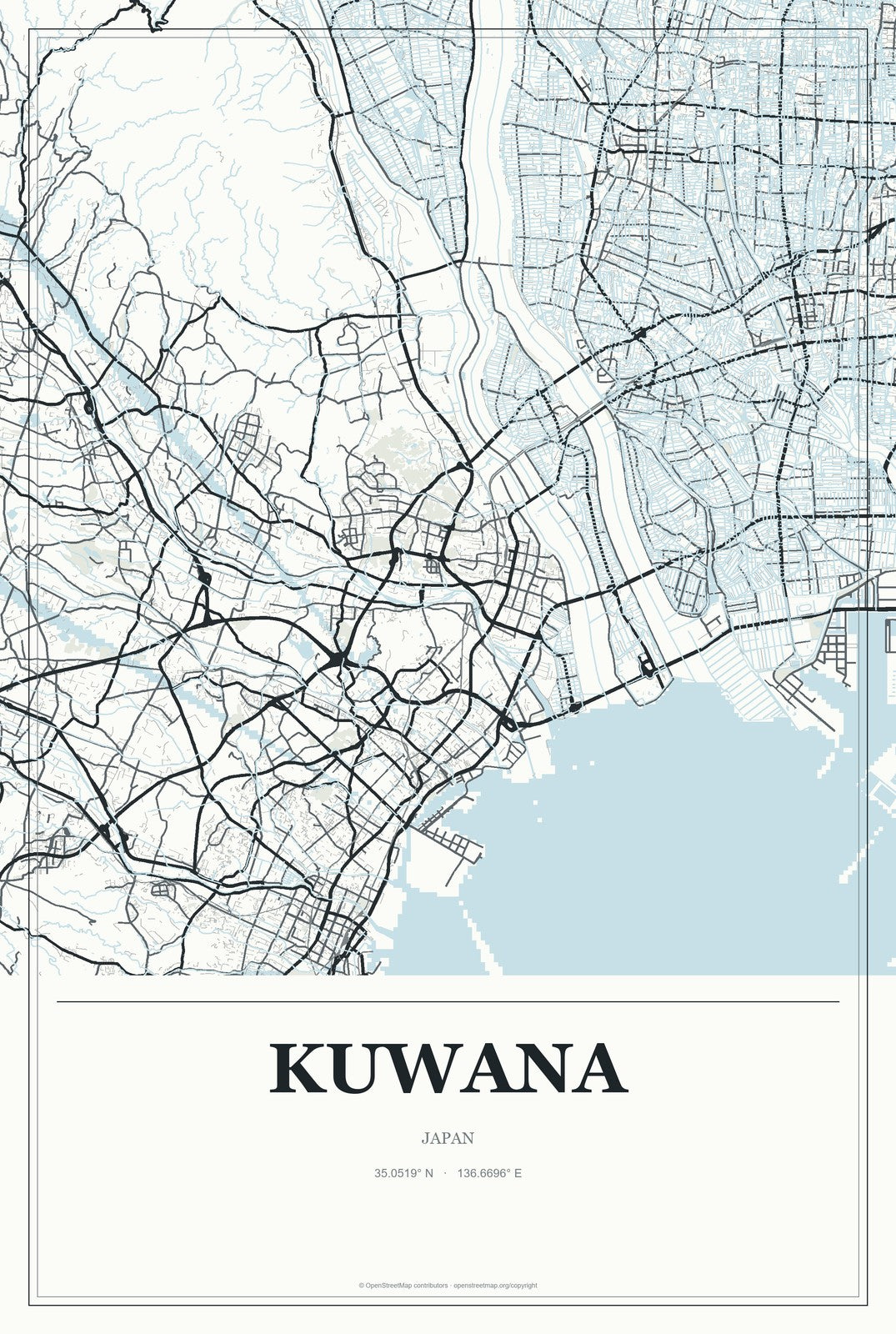 Kuwana, Japan City Map Aluminum Sign in Gallery Air style