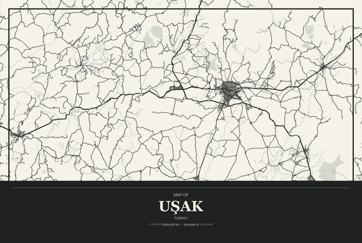 Uşak, Turkey City Map Aluminum Sign in Museum Plaque style