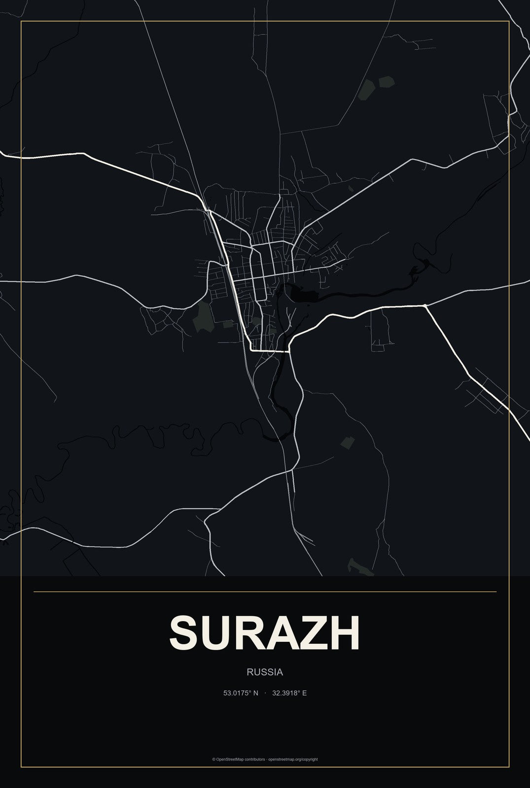 Surazh, Russia City Map Aluminum Sign in Metropolitan Noir style