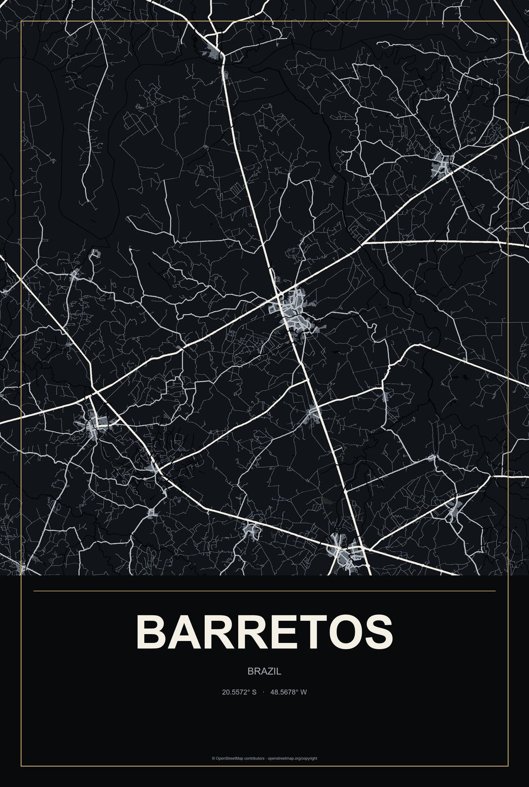 Barretos, Brazil City Map Aluminum Sign in Metropolitan Noir style