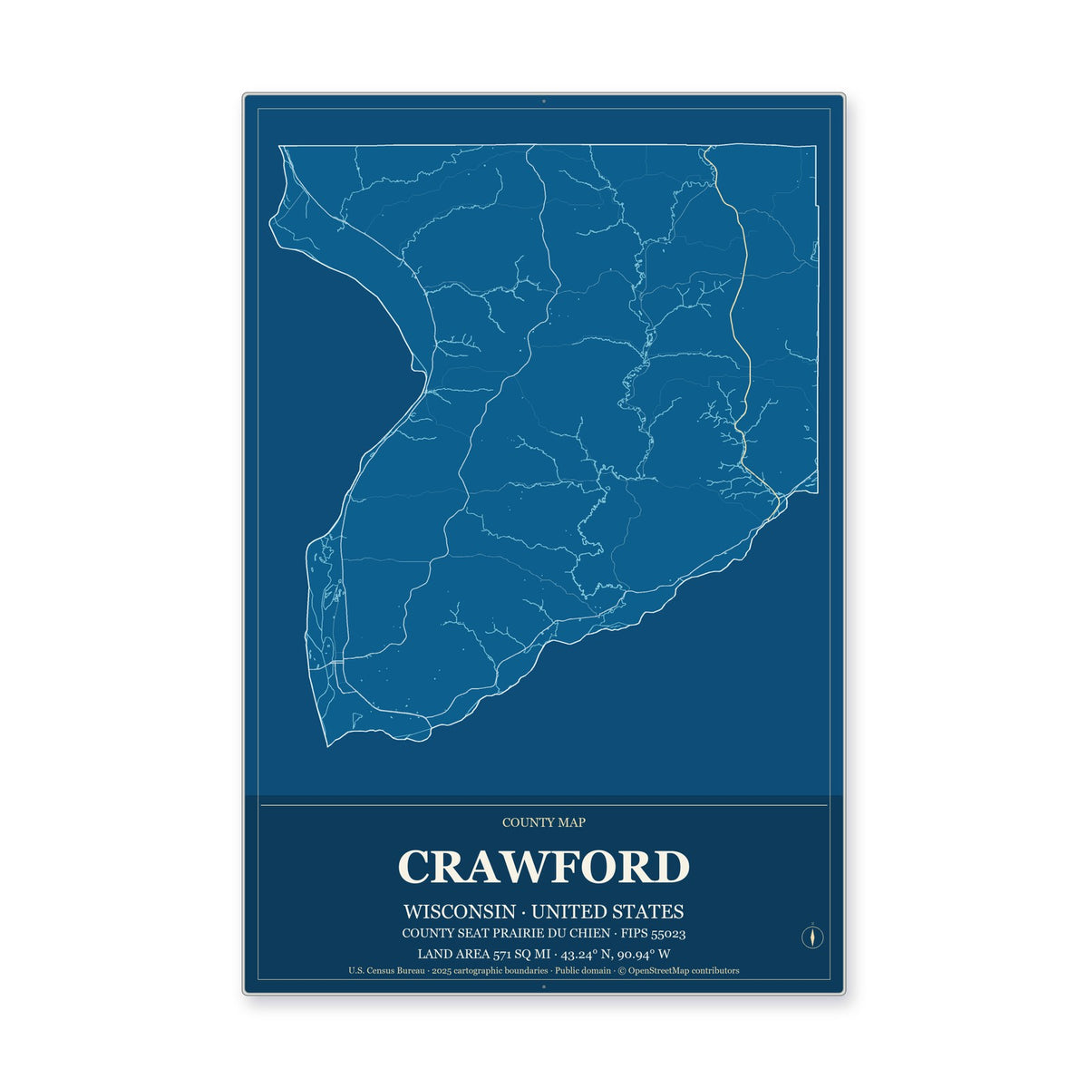 Crawford County, Wisconsin Map Aluminum Sign in Harbor Cobalt style
