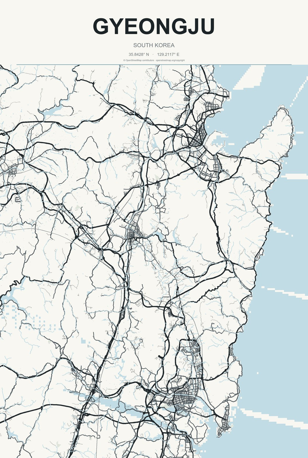 Gyeongju, South Korea City Map Aluminum Sign in Headline Atlas style