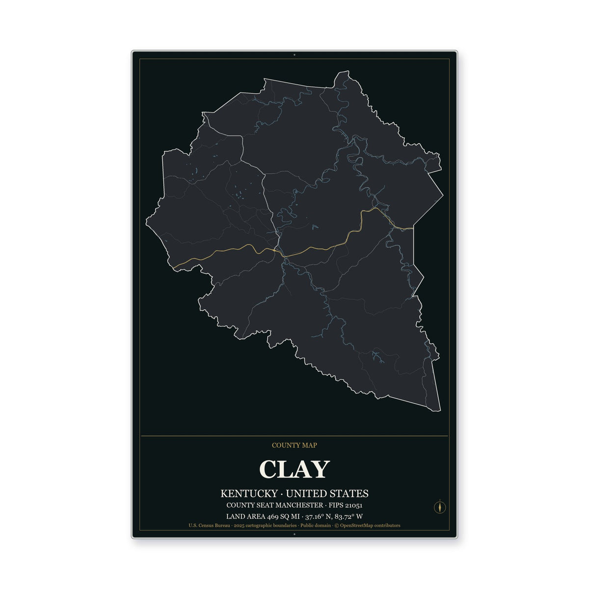 Clay County, Kentucky Map Aluminum Sign in Metropolitan Noir style
