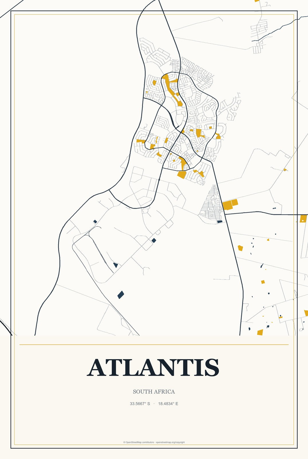 Atlantis, South Africa City Map Aluminum Sign in Citrine Modern style