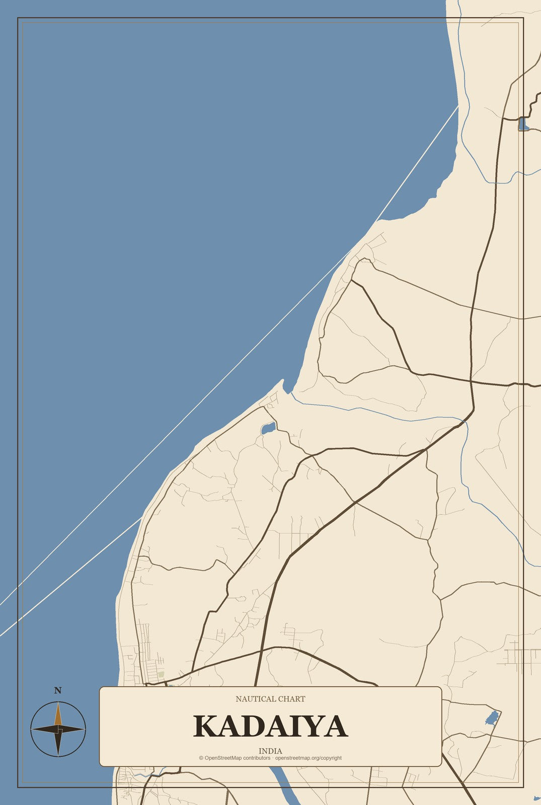 Kadaiya, India City Map Aluminum Sign in Heritage Nautical style