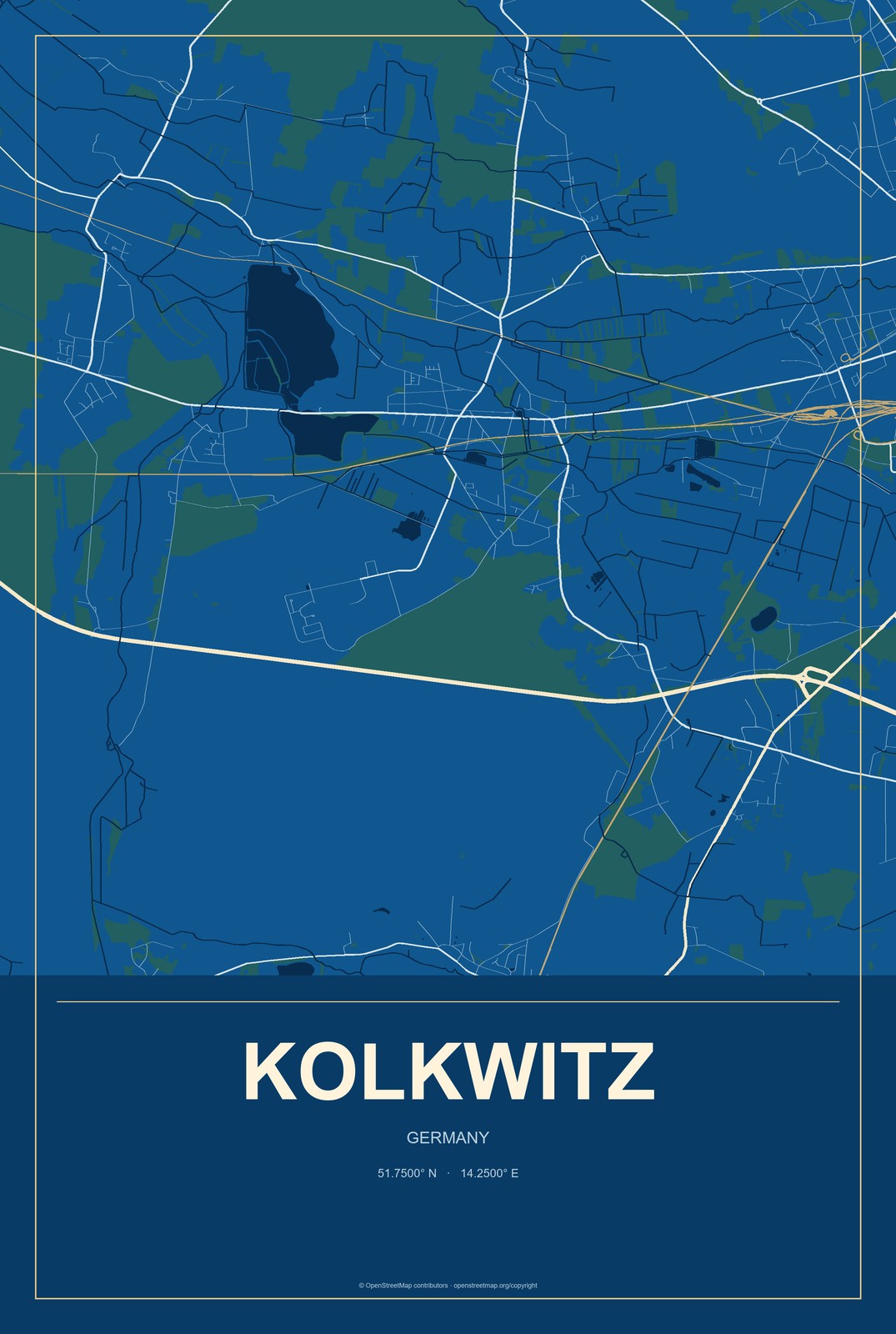 Kolkwitz, Germany City Map Aluminum Sign in Harbor Cobalt style