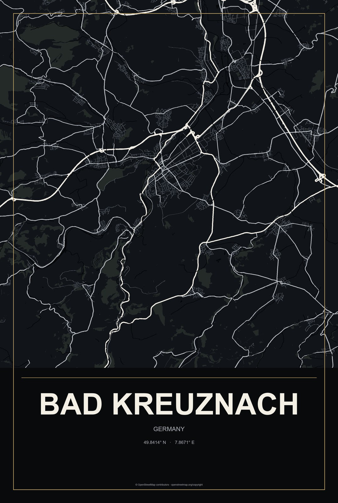 Bad Kreuznach, Germany City Map Aluminum Sign in Metropolitan Noir style