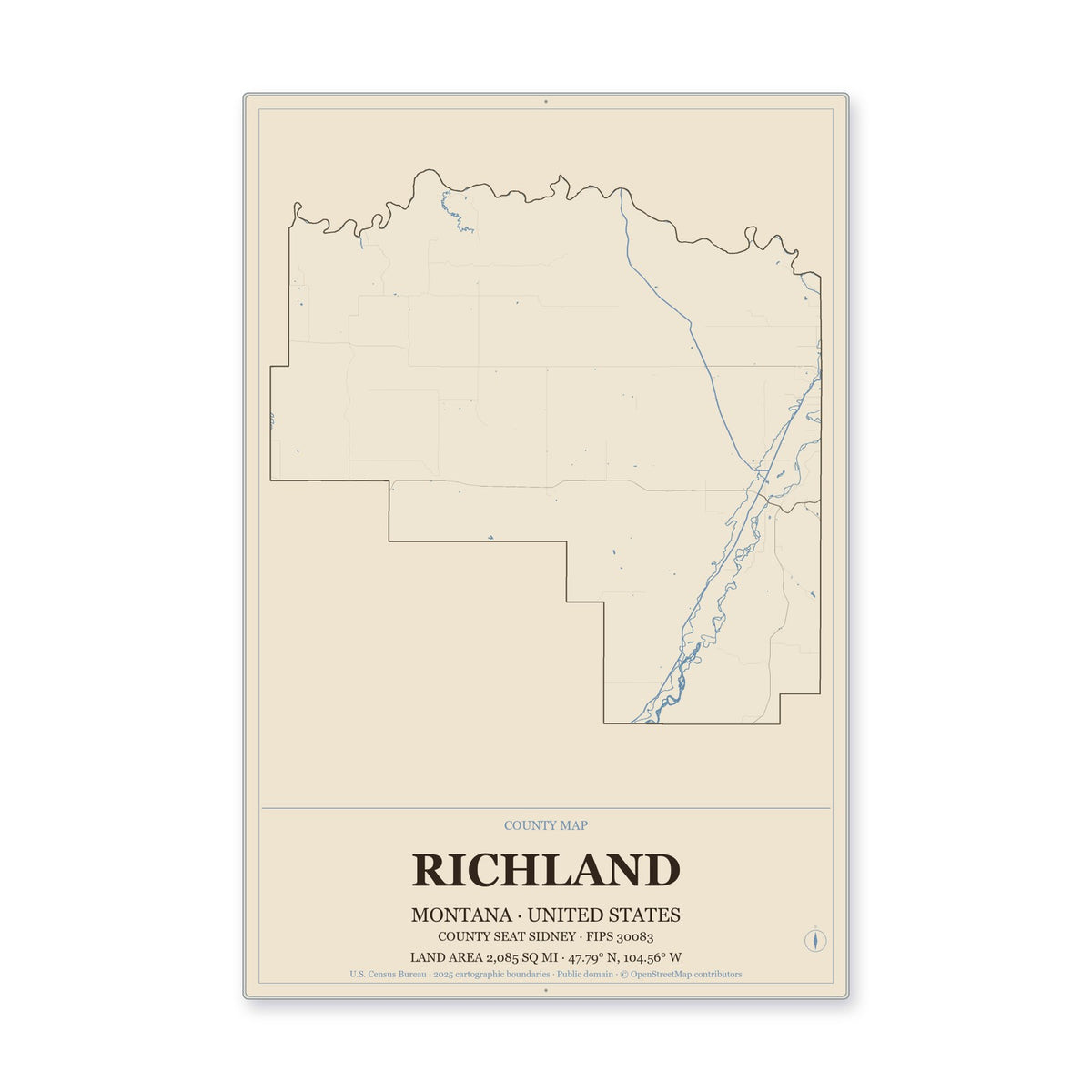 Richland County, Montana Map Aluminum Sign in Heritage Nautical style
