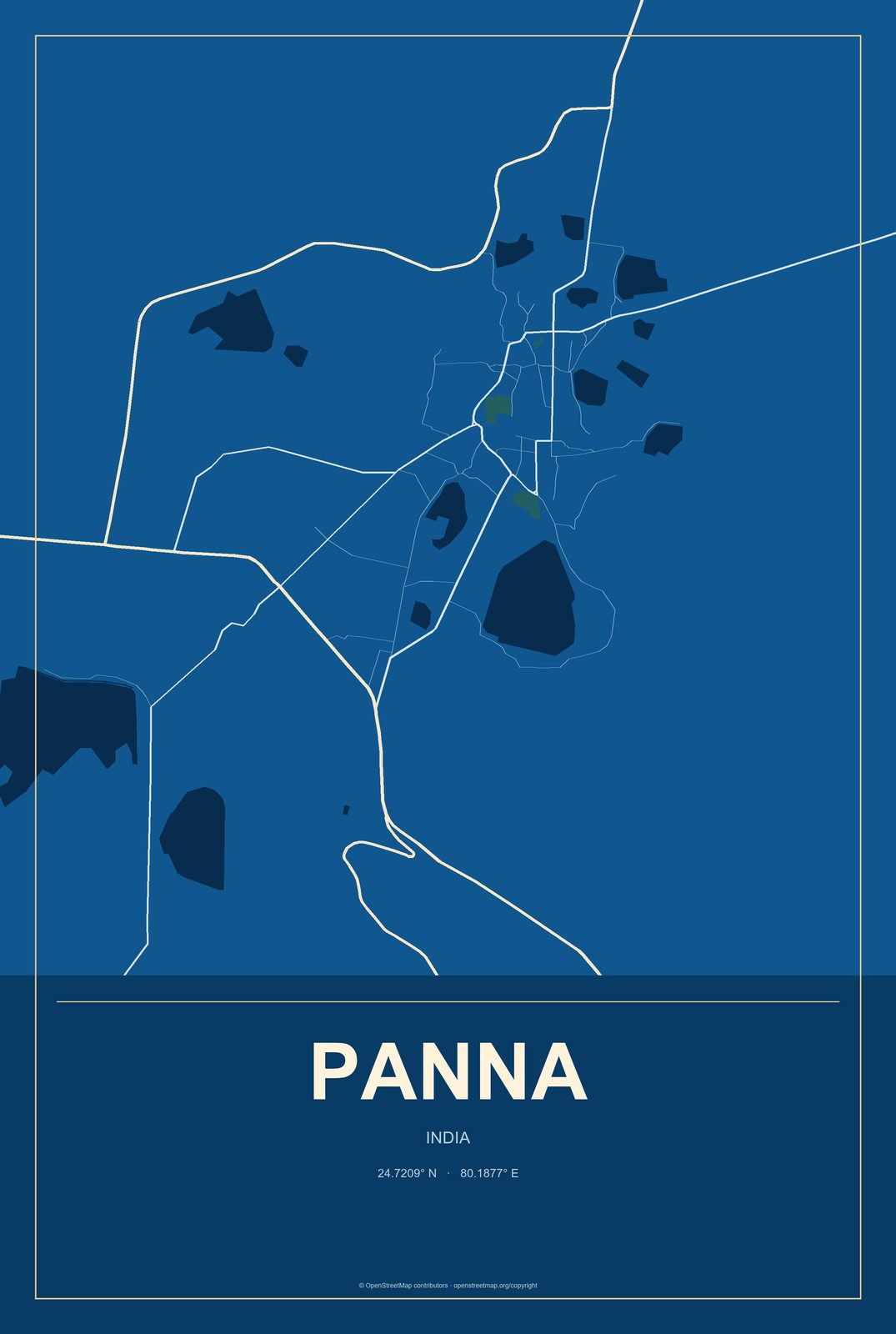 Panna, India City Map Aluminum Sign in Harbor Cobalt style