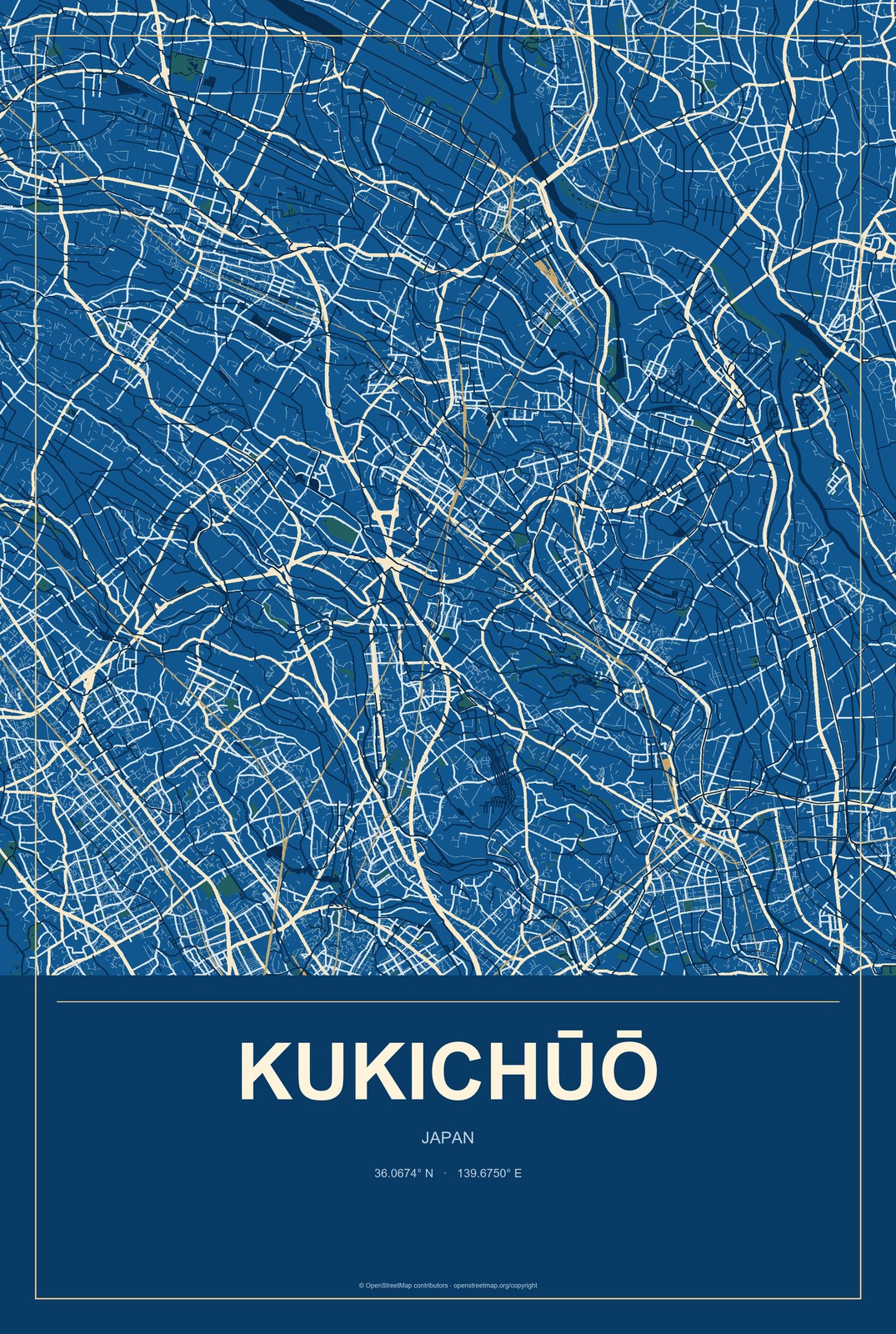 Kukichūō, Japan City Map Aluminum Sign in Harbor Cobalt style